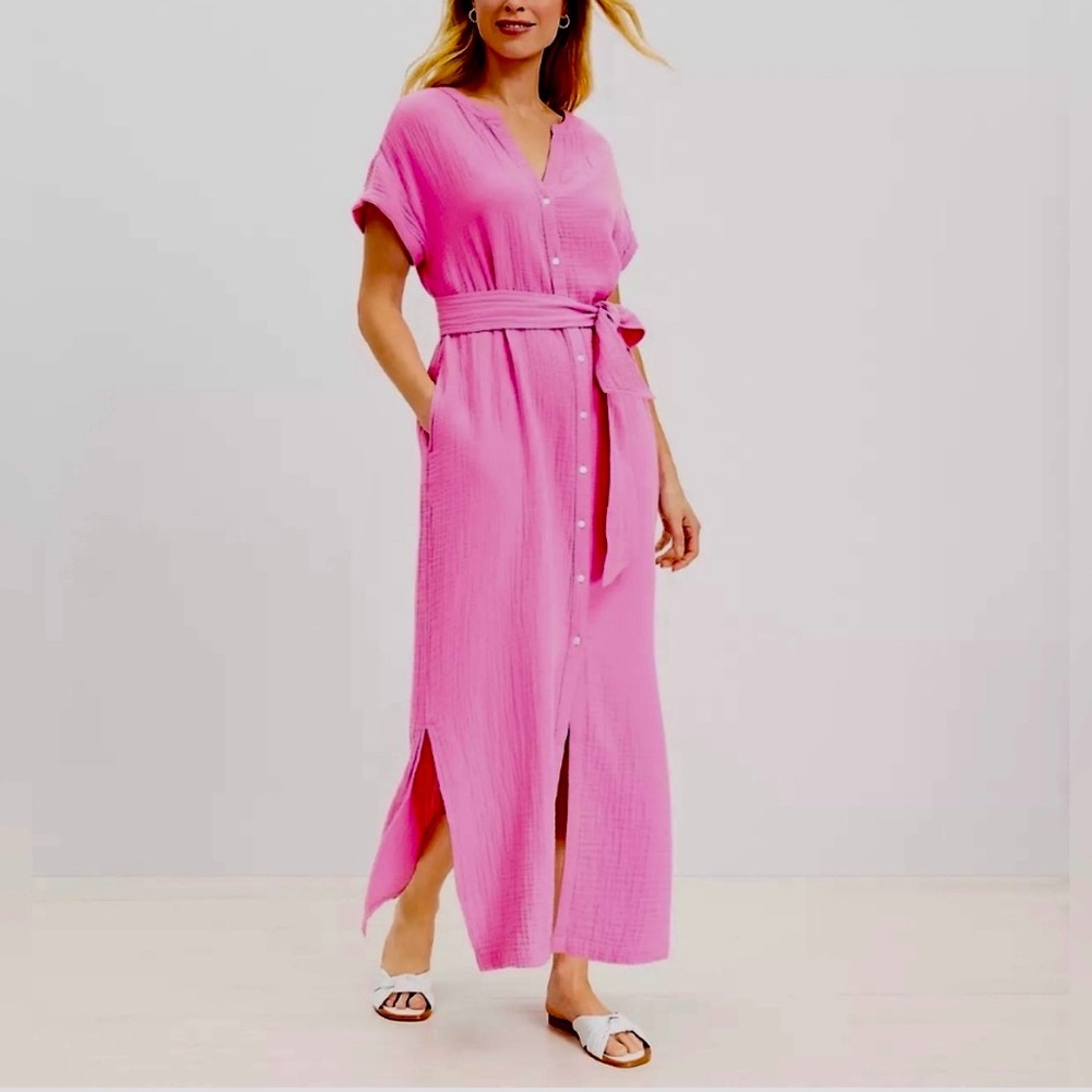 NWT LOFT Beach Hot Pink Cotton Maxi Shirt Dress XL Cover Up Duster Sold Out